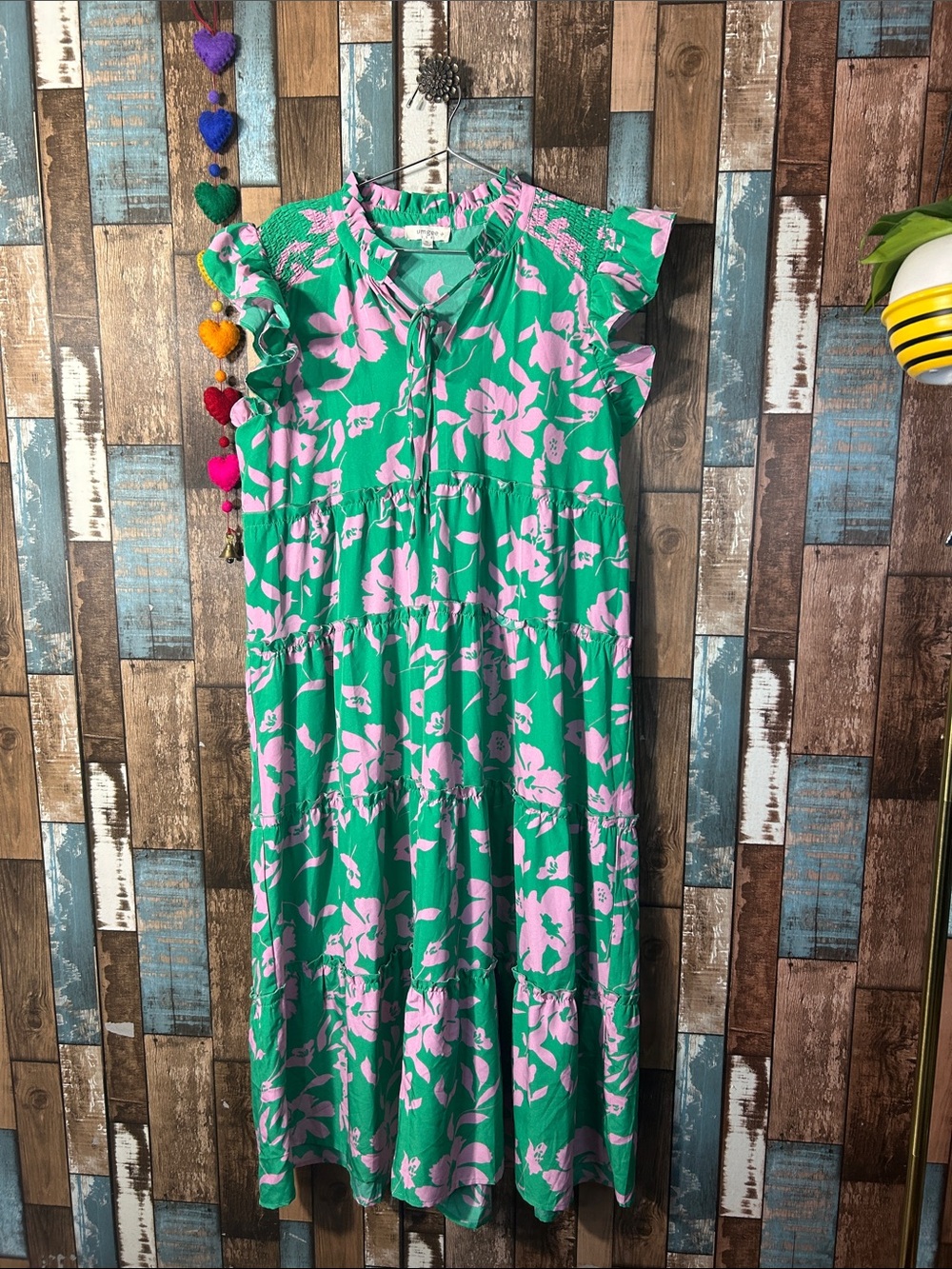 Umgee Green maxi Dress with Pink Floral Print